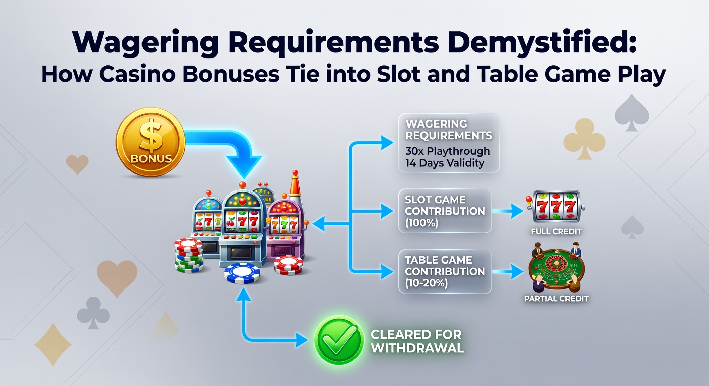 Grafik zeigt Casino-Bonusstruktur mit Slots und Tischspielen im Fokus, inklusive Umsatzbedingungen und Beitragsprozenten